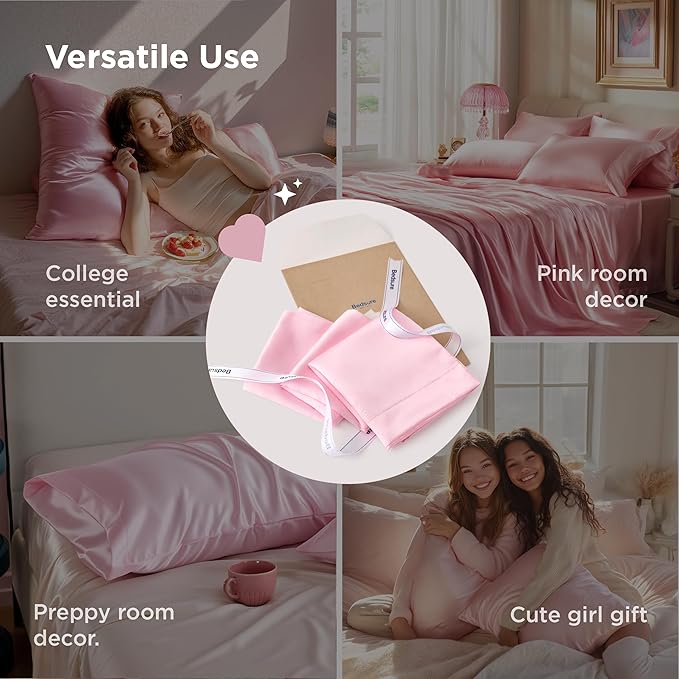 Bedsure Satin Pillowcase for Hair and Skin Queen, Similar to Silk Pillow Cases, Valentine Pillow Covers Set of 2 with Envelope Closure, Pink Room Decor Essentials, Gifts for Women Girls 20x30 Inches