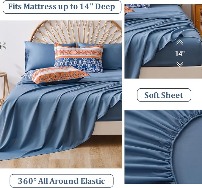WONGS BEDDING Boho Comforter Set Full, Blue and Orange Bedding Set 7 Pieces Bed in a Bag Bohemian Striped Bedding Comforter Sets Soft Microfiber Comfortet and Sheet Set for All Season