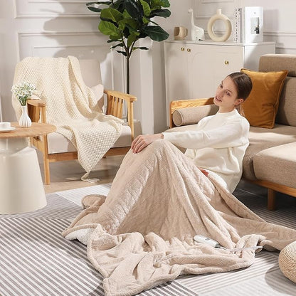Electric Blanket Queen 84"x90" Heated Blanket Queen Size Dual Control Wheat Pattern Ultra-Soft Flannel & Thick Sherpa with 5 Heat Settings & 10H Auto Off, FCC/ETL Certified, Machine Washable, Beige