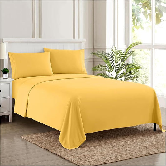 RV Queen Bed Sheets - Breathable Luxury Sheets with Full Elastic & Secure Corner Straps Built In - 1800 Supreme Collection Extra Soft Deep Pocket Bedding Set, Sheet Set, RV Short Queen, Yellow