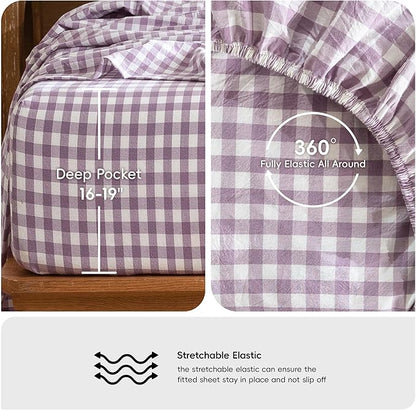 MooMee Gingham Sheet Set 100% Washed Cotton Linen Like Textured Breathable Soft w/Fully Elasticized 16-19" Deep Pocket (Classic Gingham Light Purple, King)
