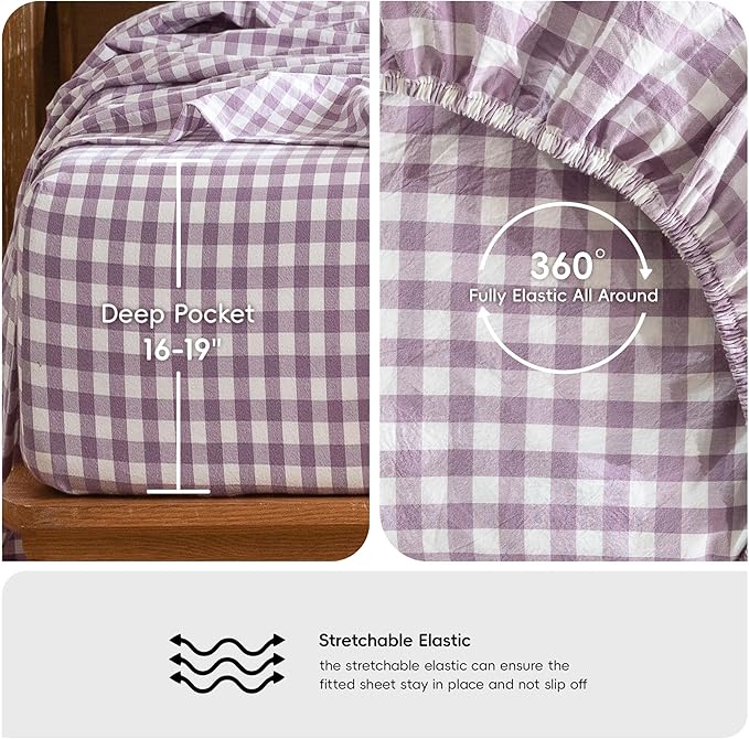 MooMee Gingham Sheet Set 100% Washed Cotton Linen Like Textured Breathable Soft w/Fully Elasticized 16-19" Deep Pocket (Classic Gingham Light Purple, Queen)