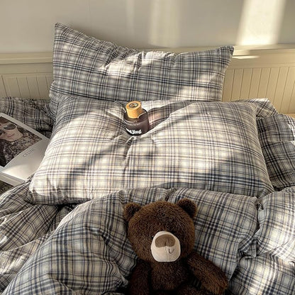 mixinni Queen Duvet Cover Set - 3 Piece Vintage Buffalo Plaid Bedding, 100% Washed Cotton Duvet Cover with 2 Pillowcases, Soft & Breathable Navy Beige White Geometric Grid Pattern for All Seasons
