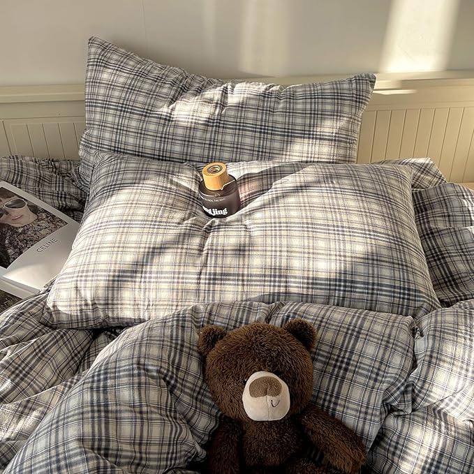 mixinni King Duvet Cover Set - 3 Piece Vintage Buffalo Plaid Bedding, 100% Washed Cotton Duvet Cover with 2 Pillowcases, Soft & Breathable Navy Beige White Geometric Grid Pattern for All Seasons