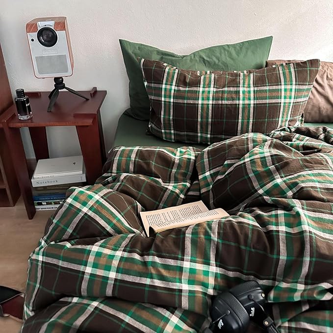 Brown & Green Buffalo Plaid Duvet Cover Set Twin 3 Piece Vintage Checkered Grid Bedding Set 100% Washed Cotton Plaid Comforter Cover Farmhouse Grid Pattern Breathable Duvet Cover with 2 Pillowcases