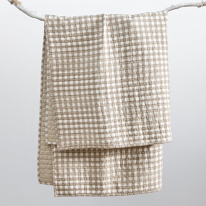 Levtex Home - Camden Gingham Stitch Taupe Quilted Throw (50x60in) - Textured Gingham - Lightweight Cotton Throw Blanket - Taupe and Cream - Reversible - Cotton