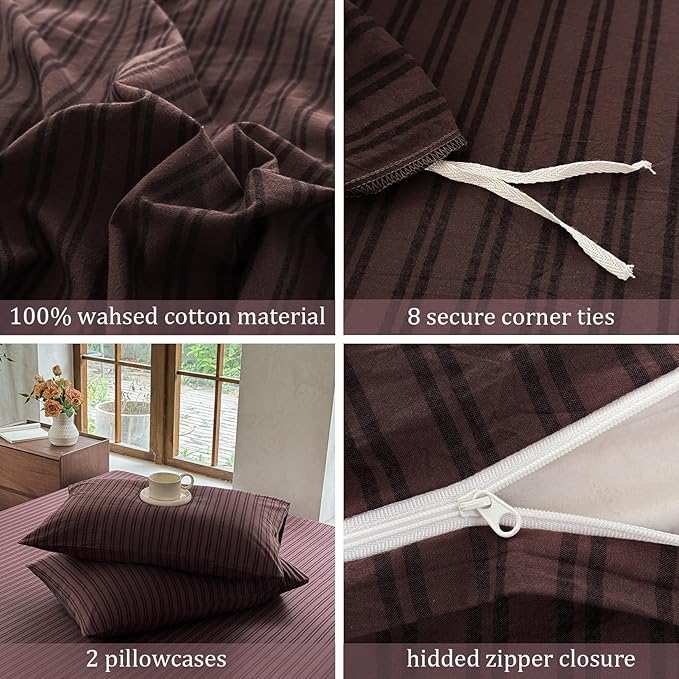 Striped Duvet Cover Set 100% Washed Cotton Linen Like Soft Feelling Breathable Bedding(Pine Bark Brown/Black Strip,Twin)