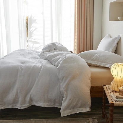 Simple&Opulence 100% Linen Duvet Cover Set with Crossed Embroidery Washed - 3 Pieces (1 Duvet Cover with 2 Pillow Shams) Soft Breathable Farmhouse - White, King Size