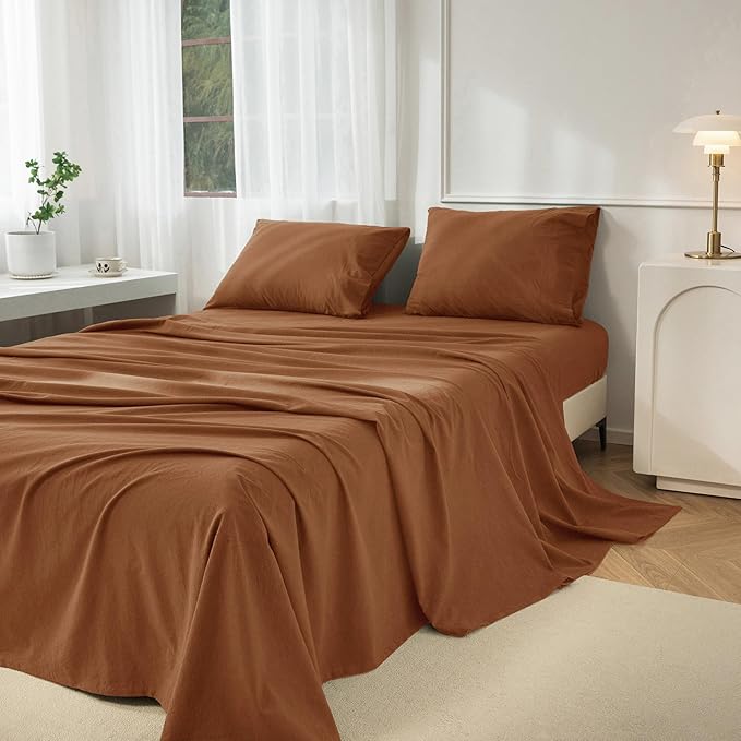 JIYUAN Queen Size Sheet Set, 4-Piece - 100% Washed Cotton, Linen-Like Soft & Breathable, Includes Deep Pocket Fitted & Flat Sheet with 2 Pillowcases, Hotel Quality, Solid Dark Orange