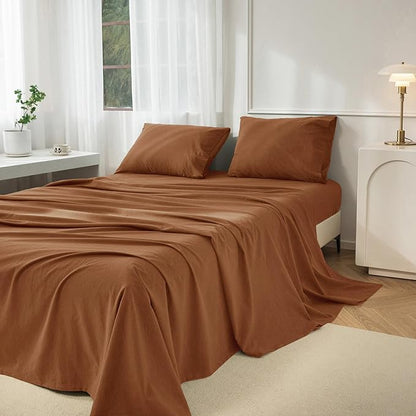 JIYUAN Queen Size Sheet Set, 4-Piece - 100% Washed Cotton, Linen-Like Soft & Breathable, Includes Deep Pocket Fitted & Flat Sheet with 2 Pillowcases, Hotel Quality, Solid Dark Orange