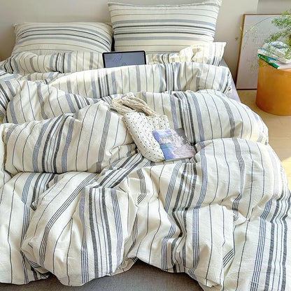 EAVD Retro Blue&Grey Striped Comforter Set King Soft Cotton 3-Piece Vintage Bedding Set with 2 Pillowcases Boho Vertical Stripes Geometric Comforter Set for All-Season Breathable Lightweight
