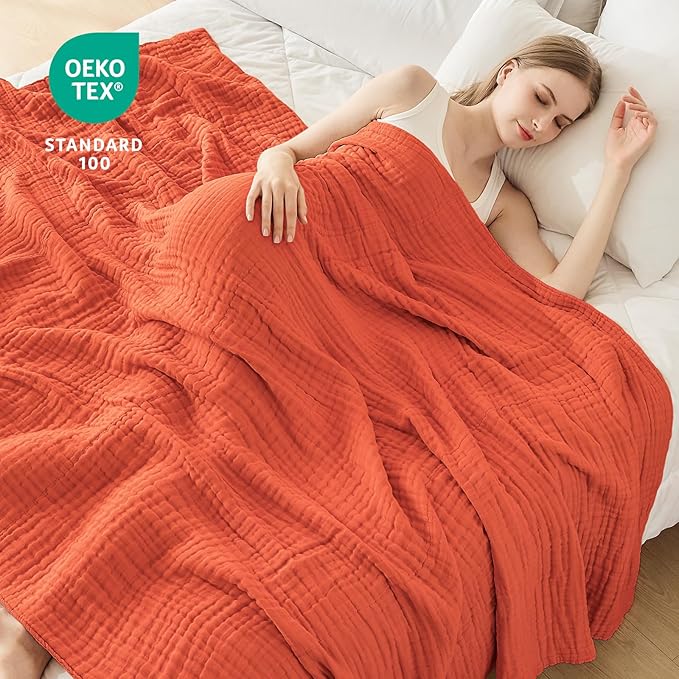 EMME Cotton Muslin King Blanket Bed Layering Bedspread Coverlet Breathable Gauze Soft Lightweight (Heather Orange Rust, 108"x90")