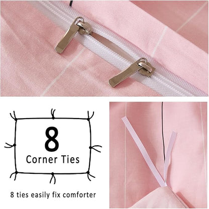 Merryword Pink Striped Duvet Cover Set King Size - 100% Cotton Bedding Set with Wide Zipper & 8 Corner Ties, Soft Breathable Bedding Set Elegant Pastel Comforter Cover for All Seasons