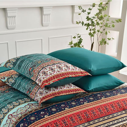 Cottolester Boho Queen Size Comforter Set 8 Pieces,Green and Brown Bohemian Striped Bed in a Bag,Floral Soft Microfiber Bedding Comforter Set