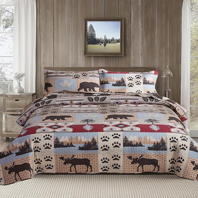 Rustic Full/Queen Size Quilt Set - Home Lodge Bedding Set with Plaid Quilts, Lightweight Reversible Bedspread Coverlet Wildlife Moose Pine Tree Bedding, and 2 Pillow Shams Decor