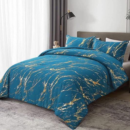 WONGS BEDDING Teal Gold Metallic Marble Comforter Set King Foil Print Glitter Bedding Sets with 2 Pillowcases for All Seasons, Soft Microfiber Filling Bedding Duvet Set 103"x90"
