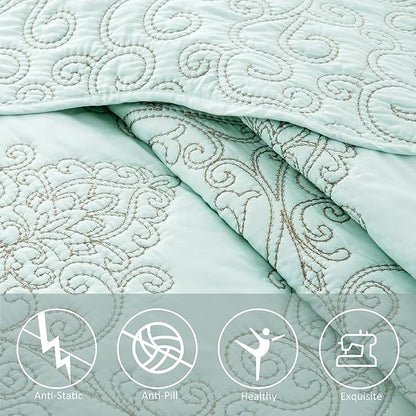 Home Soft Things Damask 4 Piece Bedspread Set, Scalloped Edge Reversible Quilt Coverlet Comforter Prewashed Bedding Set, Matelasse Embossed Floral Solid Pattern,Blue Oversize King(120" x 120")