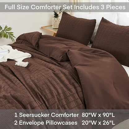 AveLom Brown Seersucker Full Comforter Set (80x90 inches), 3 Pieces-100% Soft Washed Microfiber Lightweight Comforter with 2 Pillowcases, All Season Down Alternative Comforter Set for Bedding