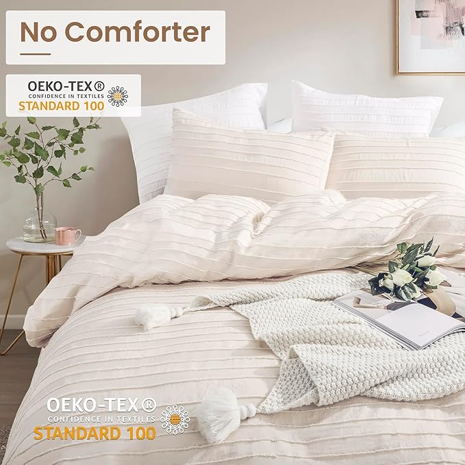 NEXHOME PRO Duvet Cover King,Beige 3 Pieces Boho Tufted Duvet Cover Set, Soft and Lightweight 100% Washed Microfiber Comforter Cover Set for All Season(Beige King, 104 x 90)-No Comforter