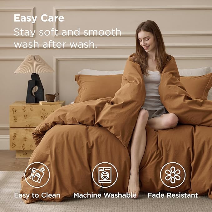 Bedsure 100% Washed Cotton Duvet Cover King Size - Hazelnut Brown Minimalist Bedding Set Linen Like - PureWoven Plain Simple & Soft Comforter Cover for All Seasons (Hazelnut Brown, King, 104"x90")