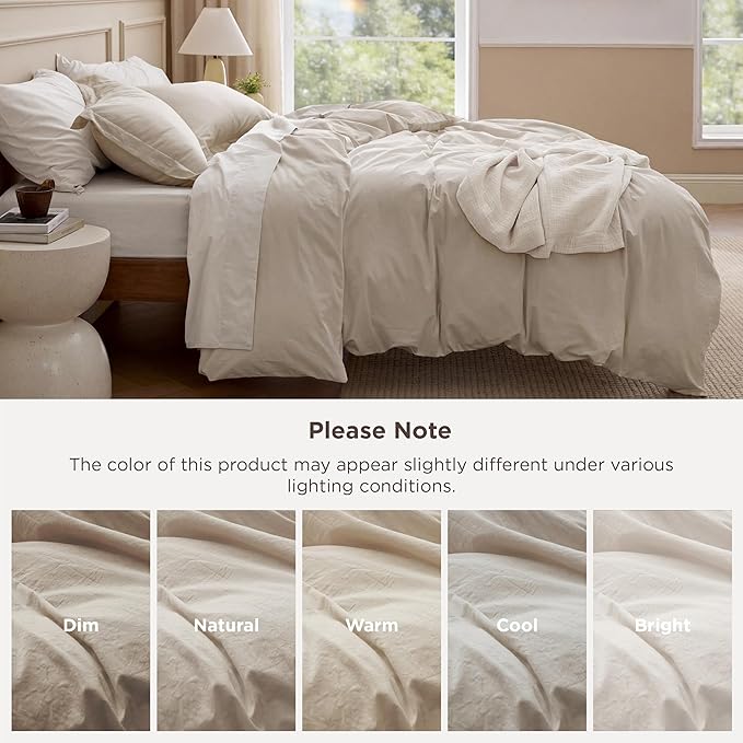 Bedsure 100% Washed Cotton Duvet Cover Oversized Queen - Oatmeal Minimalist Bedding Set Linen Like - PureWoven Plain Simple & Soft Comforter Cover for All Seasons,Oatmeal, Oversized Queen, 98"x98"