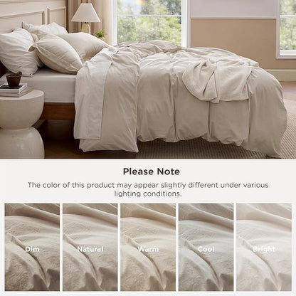 Bedsure 100% Washed Cotton Duvet Cover Cal King - Oatmeal Minimalist Bedding Set Linen Like - PureWoven Plain Simple & Soft Comforter Cover for All Seasons (Oatmeal, California King, 104"x98")