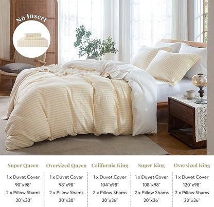 MILDLY Yellow Striped Duvet Cover - 100% Washed Cotton Jacquard Textured Comforter Cover with Dual Zipper Closure & 8 Coner Ties