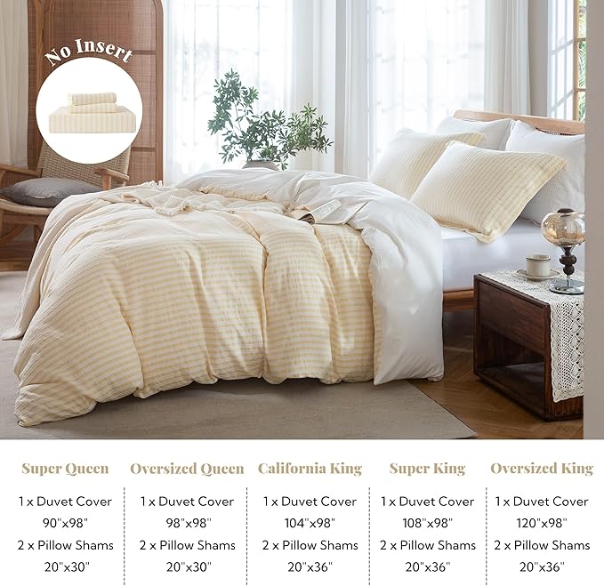 MILDLY Yellow Striped Duvet Cover - 100% Washed Cotton Jacquard Textured Comforter Cover with Dual Zipper Closure & 8 Coner Ties