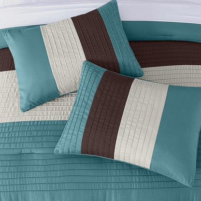 Chezmoi Collection Loft 8-Piece Luxury Striped Comforter Set (Full, Blue/Beige/Chocolate Brown)