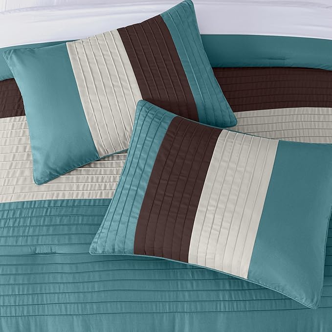Chezmoi Collection Loft 8-Piece Luxury Striped Comforter Set (California King, Blue/Beige/Chocolate Brown)