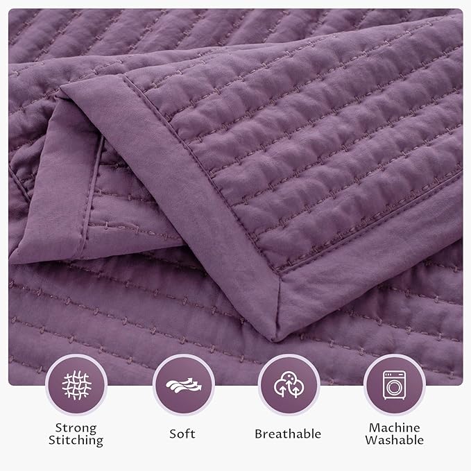KASENTEX Queen Quilt Set 90"x90" – Soft Washed 3-Layer Lightweight Bedspread, Minimalist Nordic Design,All-Season Spring & Summer Quilt Set (1 Quilt + 2 Pillow Shams), Grape Jam Purple