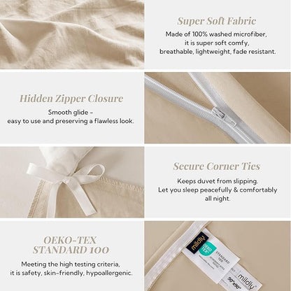 MILDLY Super Soft Duvet Cover - 100% Washed Microfiber Light Khaki Comforter Cover Set 3 Pieces with Zipper Closure & Corner Ties (No Comforter)
