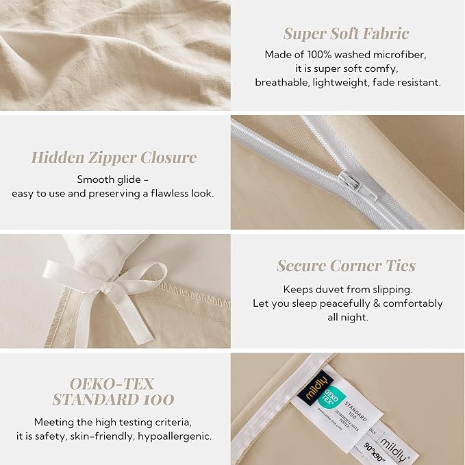 MILDLY Super Soft Duvet Cover 2pcs - 100% Washed Microfiber Light Khaki Comforter Cover Set with Zipper Closure & Corner Ties (No Comforter)