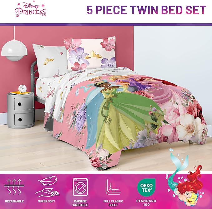 Jay Franco Disney Princess Twin Size Comforter Set - 5 Piece Bedding Includes Sheet Set & Pillow Covers - Super Soft Cozy Floral Bedding with Cinderella and Ariel