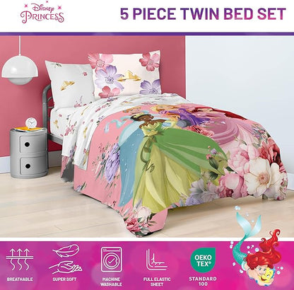 Jay Franco Disney Princess Twin Size Comforter Set - 5 Piece Bedding Includes Sheet Set & Pillow Covers - Super Soft Cozy Floral Bedding with Cinderella and Ariel
