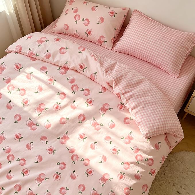 Pink Peach Comforter Set Full Size, Cute Fruit Soft Microfiber Bedding Set with Pink Plaid Backn, 3Pieces All Season Lightweight Summer Comforter Set for Girls