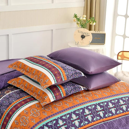 WONGS BEDDING Boho Comforter Set Queen Size,7 Pieces Bohemian Comforter Bedding Set Bed in a Bag,Purple Paisley Floral Comfortet and Sheet Set,Soft Microfiber Striped Bedding Sets for All Season