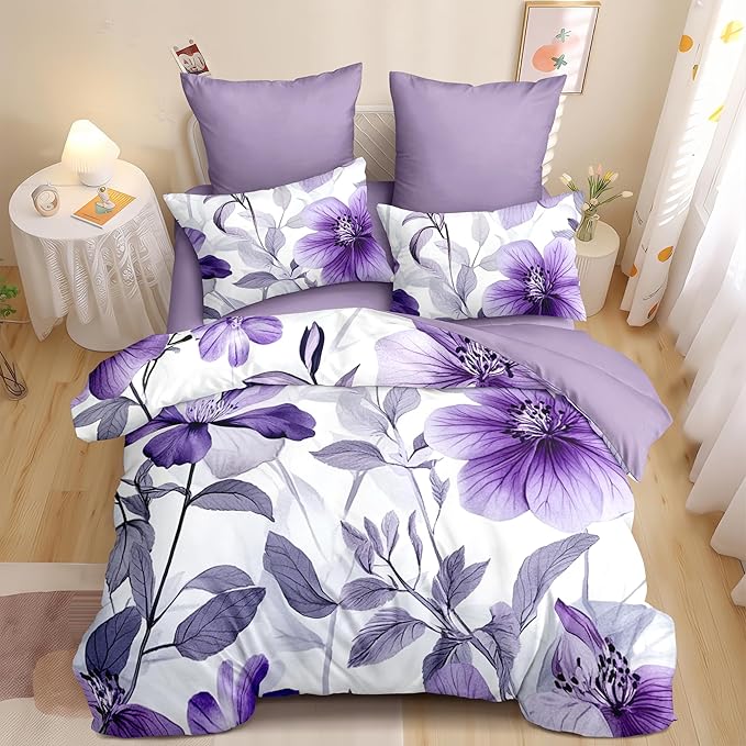 Nayoroom Purple Floral Comforter Set Queen Size Lavender Blooming Flower Leaf Printed Spring Comforter 3 Pcs Soft Lightweight Cottagecore Bedding Set for All Seasons (1 Comforter, 2 Pillowcases)