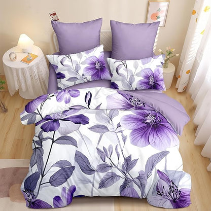 Nayoroom Purple Floral Comforter Set Full Size Lavender Blooming Flower Leaf Printed Spring Comforter 3 Pcs Soft Lightweight Cottagecore Bedding Set for All Seasons (1 Comforter, 2 Pillowcases)
