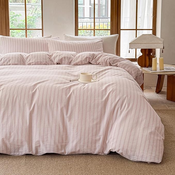 Striped Duvet Cover Set 100% Washed Cotton Linen Like Soft Feelling Breathable Bedding(Greyish Pink/White Strip,Twin)