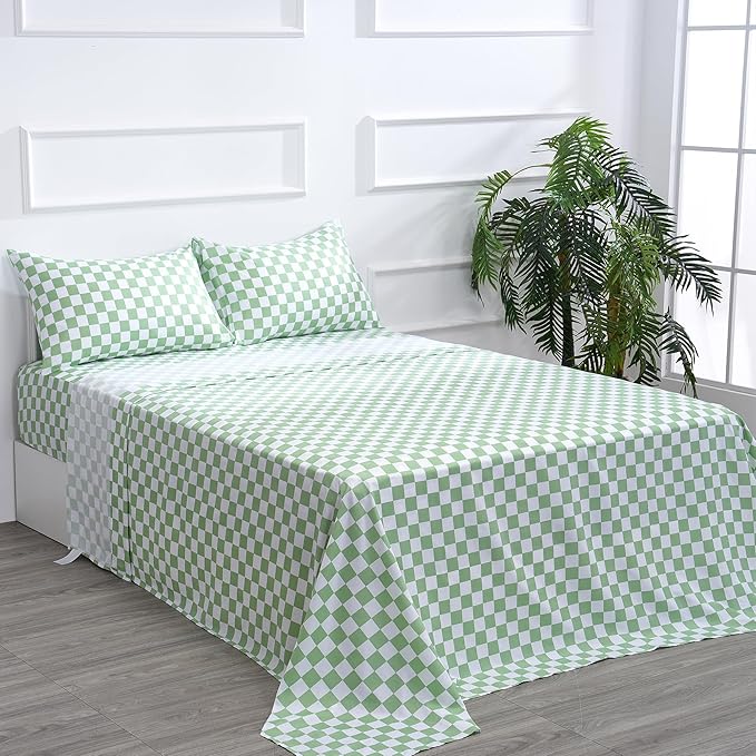 Best Season Queen Size Sheet Set 4 Piece -Microfiber Soft Durable Bedding Sheet Set,Deep Pocket,Stain,Fade & Wrinkle Resistant (Plaid Green&White)