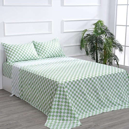 Best Season Queen Size Sheet Set 4 Piece -Microfiber Soft Durable Bedding Sheet Set,Deep Pocket,Stain,Fade & Wrinkle Resistant (Plaid Green&White)