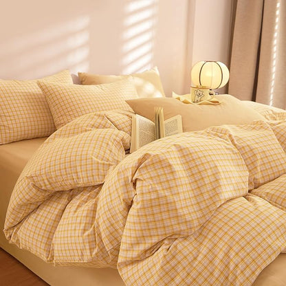 EAVD Modern Yellow Gingham Duvet Cover King Size Washed Cotton Bedding Set 3 Pieces Grid Plaid Duvet Cover Set Modern Grid Checkered Bedding Set with 2 Pillowcases Farmhouse Gingham Comforter Cover