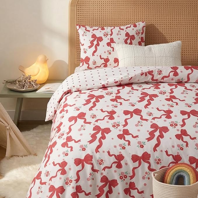 Red Bow Comforter Set Full for Girls, 3Pcs Ribbon Bowknot Bedding for Kids Kawaii Bedroom Decor, Dreamy Priness Girly Puple Stripe Bows Comforter Set with 2 Pillowcases, 79"x90"