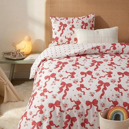 Red Bow Comforter Set Queen for Girls, 3Pcs Ribbon Bowknot Bedding for Kids Kawaii Bedroom Decor, Dreamy Priness Girly Puple Stripe Bows Comforter Set with 2 Pillowcases, 90"x90"