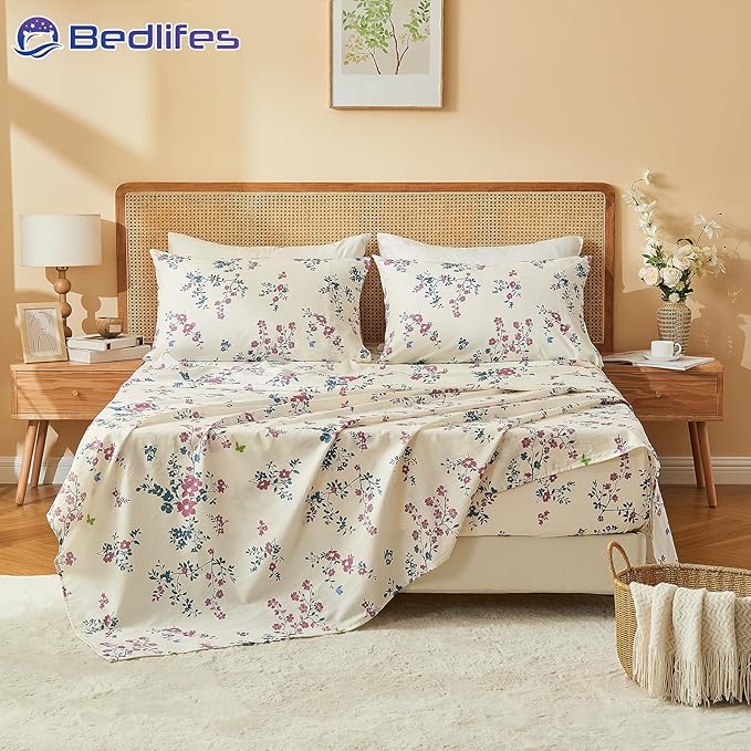 Bedlifes 100% French Linen Sheets King Size – Floral Printed, Botanical Pattern Breathable Cooling Sheet Set, 16" Deep Pocket, 4-Piece (King, Floral Red)