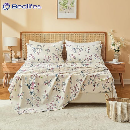 Bedlifes 100% French Linen Sheets Queen Size – Floral Printed, Botanical Pattern Breathable Cooling Sheet Set, 16" Deep Pocket, 4-Piece (Queen, Floral Red)