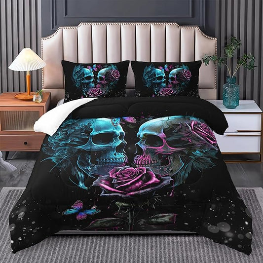 Skull Bedding Set Queen Size,Goth Bedding Sets Queen with Comforter,Skull Comforter Set,Rose Comforter Halloween Skull Bed Comforter,Blue Comforter Black Bedding Skull Quilt