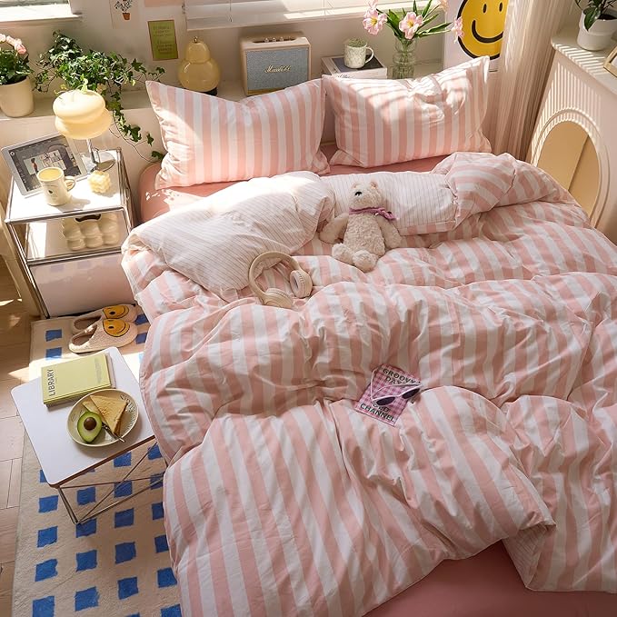 EAVD Pink Striped Duvet Cover King Soft Washed Microfiber Pink White Vertical Striped Bedding Set with 2 Pillowcases Modern Farmhouse Geometric Pattern Duvet Cover with Zipper Closure