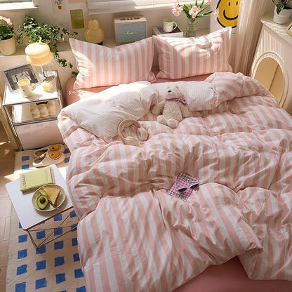 EAVD Pink Striped Duvet Cover Queen Soft Washed Microfiber Pink White Vertical Striped Bedding Set with 2 Pillowcases Modern Farmhouse Geometric Pattern Duvet Cover with Zipper Closure